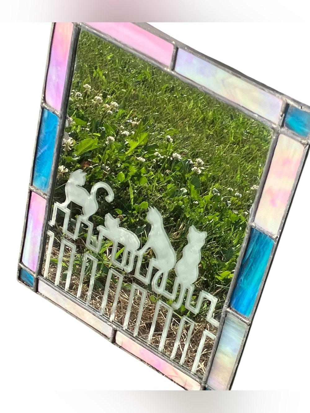 Vintage Large Stained Glass Etched Cat Mirror As Is